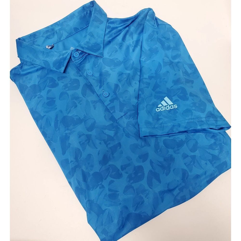 Adidas Golf Polo Shirt L Prisma Blue Short Sleeve Abstract Print Logo Raised Arm
